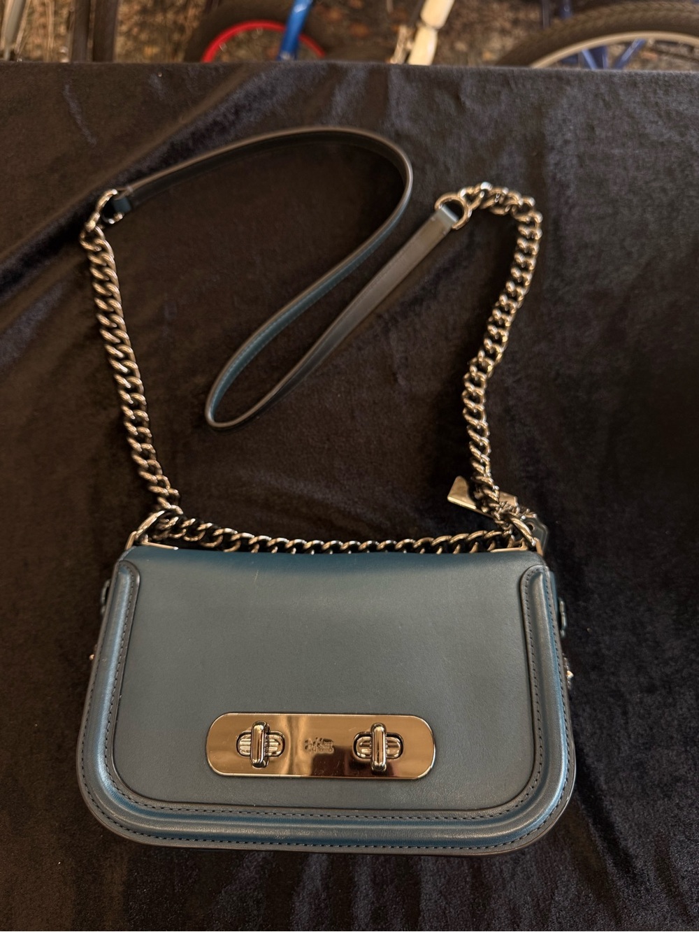 Coach Blue Leather Chain Shoulder Bag with Silver Hardware